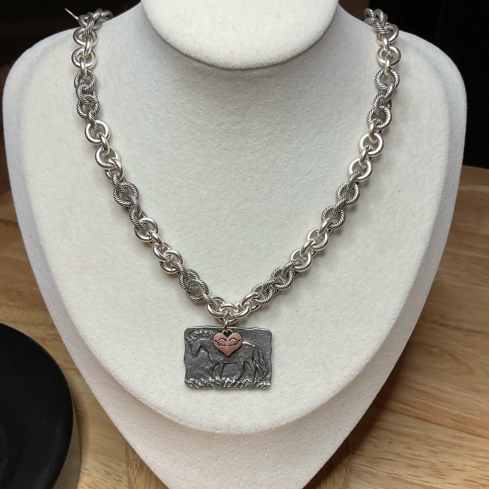 Antique Silver (Solid) Chain With Pewter Horse Ch… - image 4